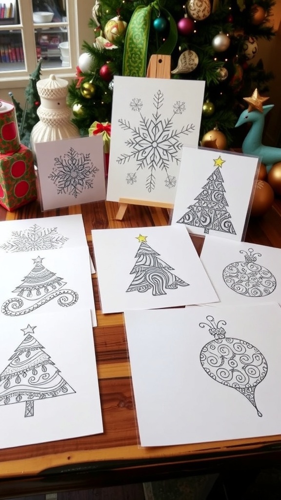 Intricate Zentangle Christmas drawings showcasing snowflakes, trees, and ornaments on a festive table.